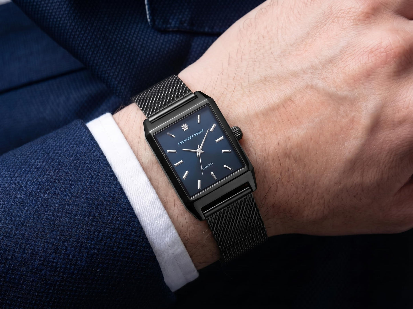 Geoffrey Beene Men’s Rectangular Gunmetal Watch 33mm Blue Sunray Dial Mesh Bracelet Diamond Accent