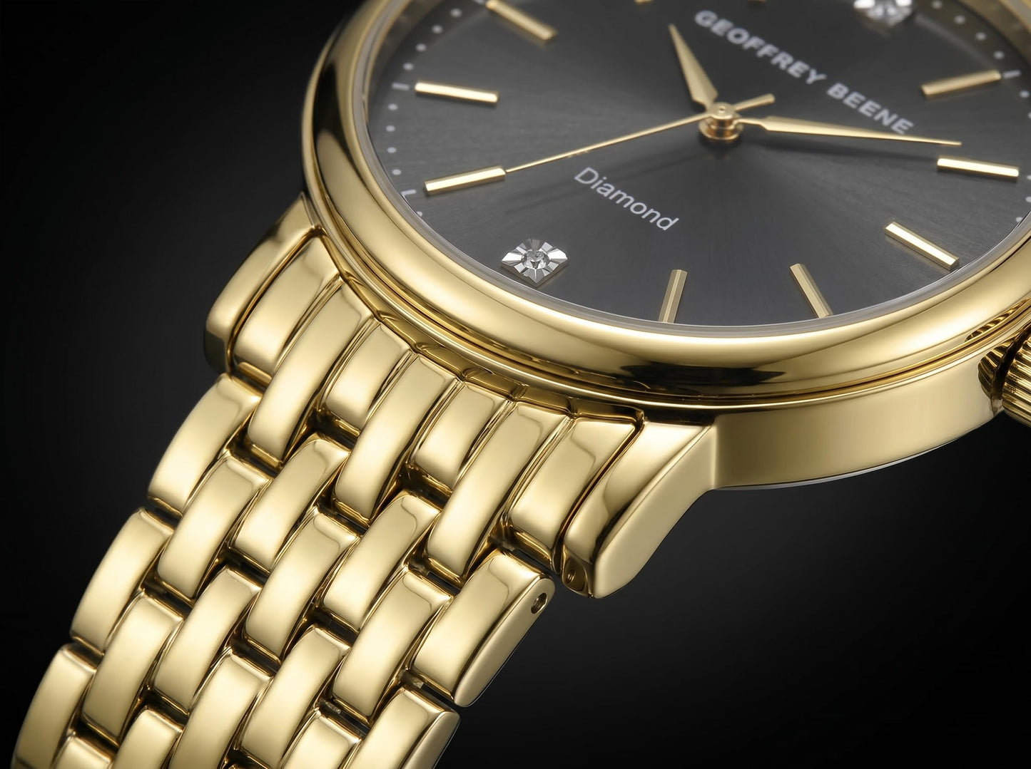 Geoffrey Beene Men’s Round Gold Watch 41mm Black Sunray Dial Bracelet Diamond Accent