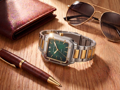 Geoffrey Beene Men’s Cushion Two Tone Watch 41mm Green Gradient Sunray Dial Bracelet Diamond Accent