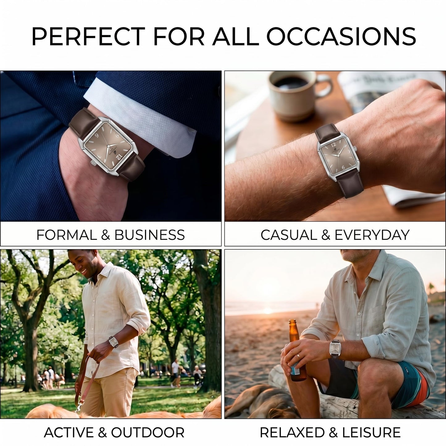 CARIBBEAN JOE Men’s Watch, 36mm Rectangular Case, Silvertone, Brown Sunray Dial, Luminous Indexes, Dark Brown PU Strap