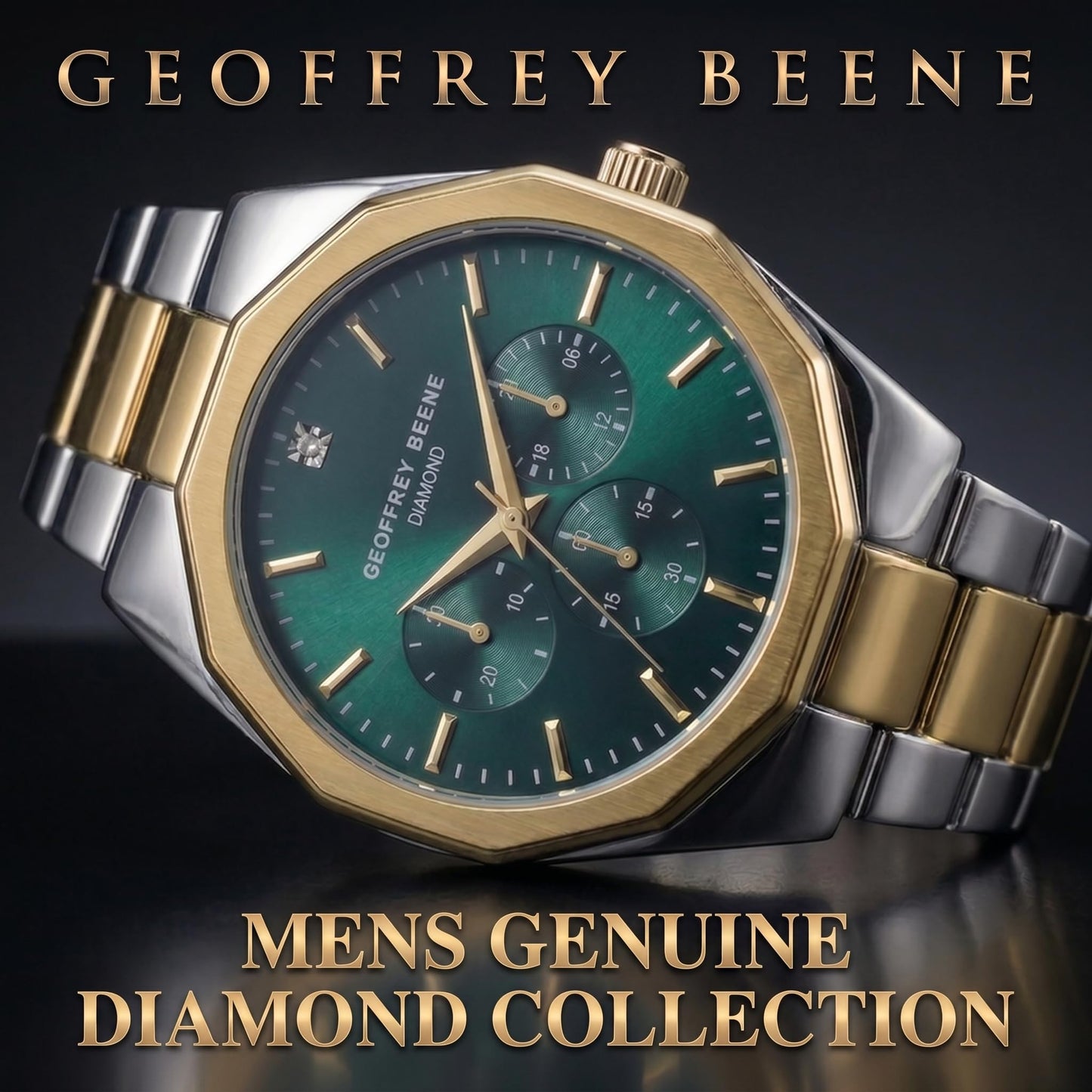 Geoffrey Beene Men’s Round Two Tone Watch 43mm Green Sunray Dial Bracelet Diamond Accent