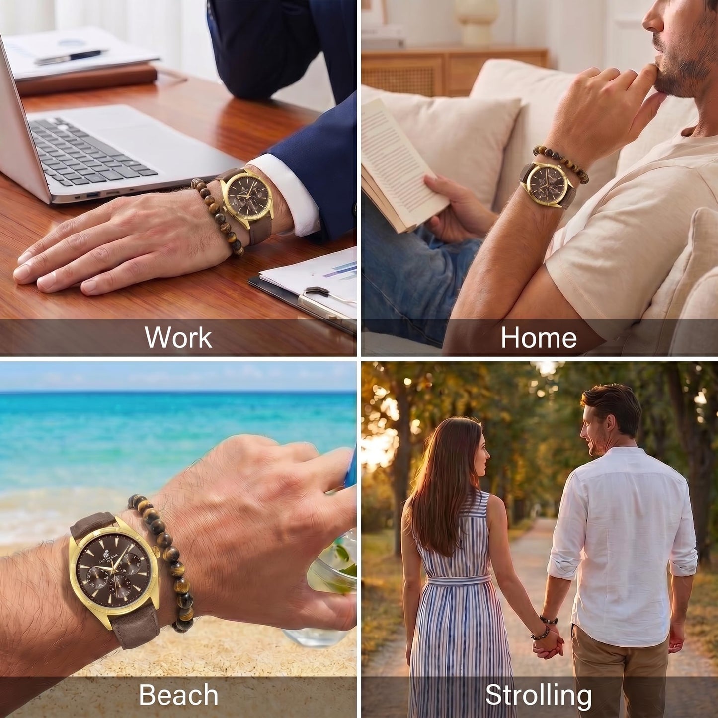 Caribbean Joe Men’s Watch & Yellow Tiger Eye Beaded Bracelet Set – 42mm Gold-Tone Case, Brown Sunray Dial with Faux Subdials, Luminous Gold-Tone Markers, Dark Brown PU Strap, 8mm Natural Stone 8” Bracelet