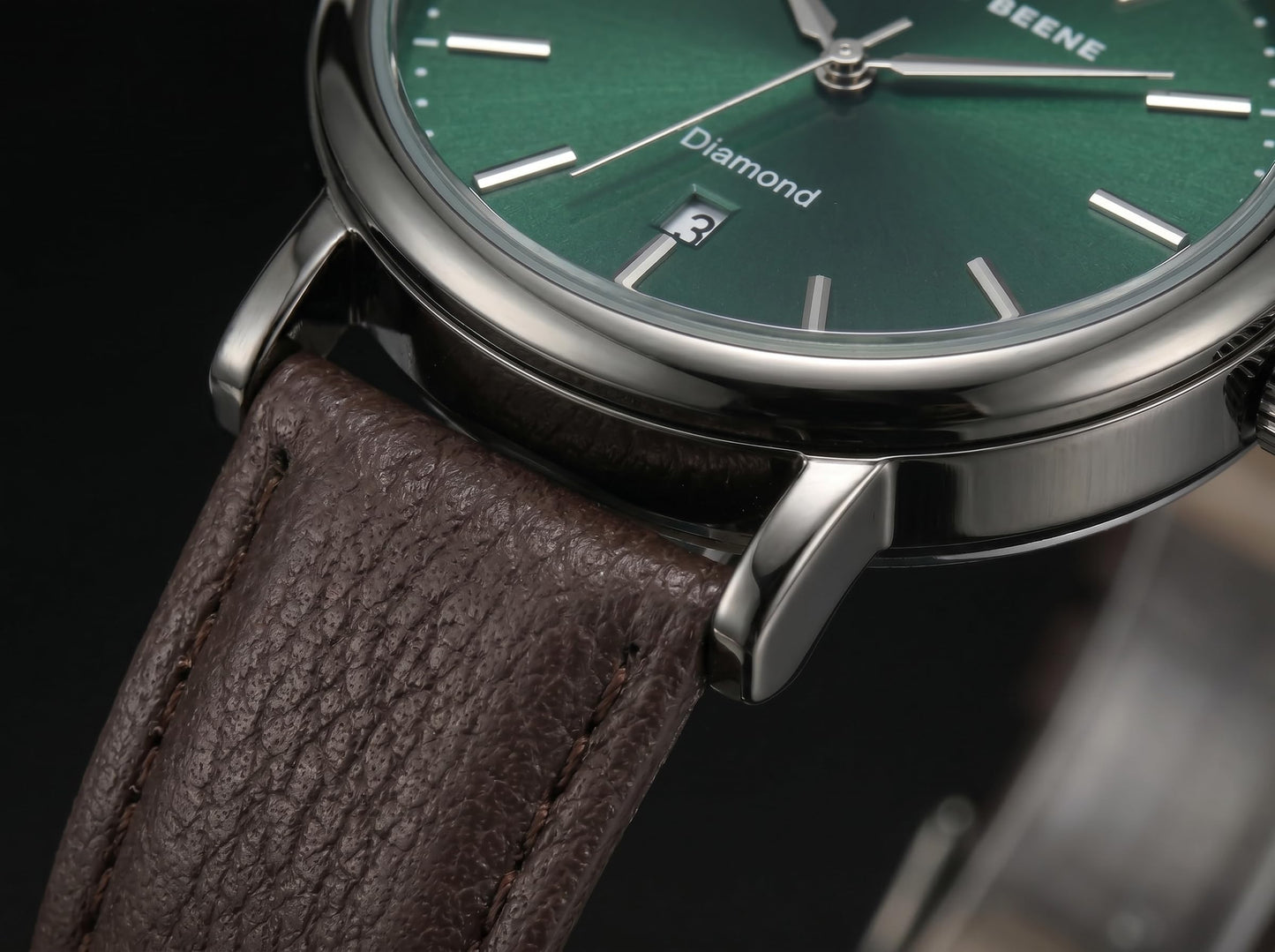 Geoffrey Beene Men’s Round Gunmetal Watch 41mm Green Sunray Dial PU Strap Diamond Accent