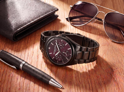 Geoffrey Beene Men’s Round Gunmetal Watch 42mm Aubergine Sunray Dial Bracelet Diamond Accent