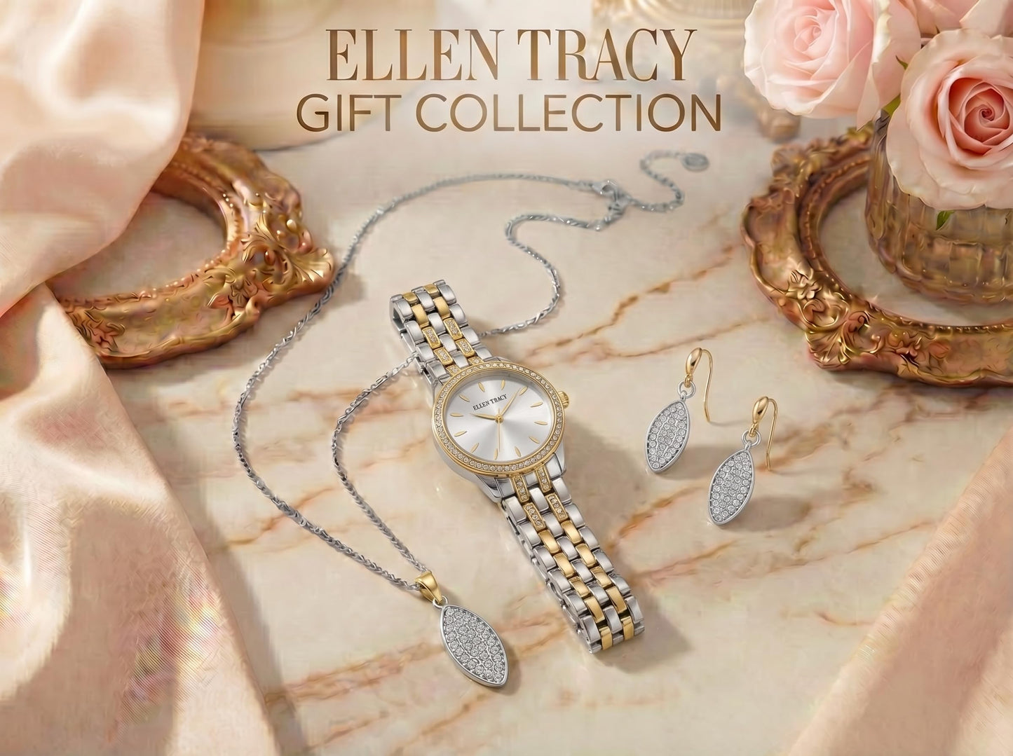 ELLEN TRACY Women's 32mm Round Two Tone Silver/Gold Watch and Jewelry Gift Set, White Dial, Crystal Accents