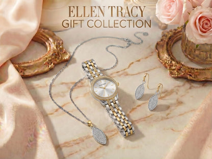 ELLEN TRACY Women's 32mm Round Two Tone Silver/Gold Watch and Jewelry Gift Set, White Dial, Crystal Accents