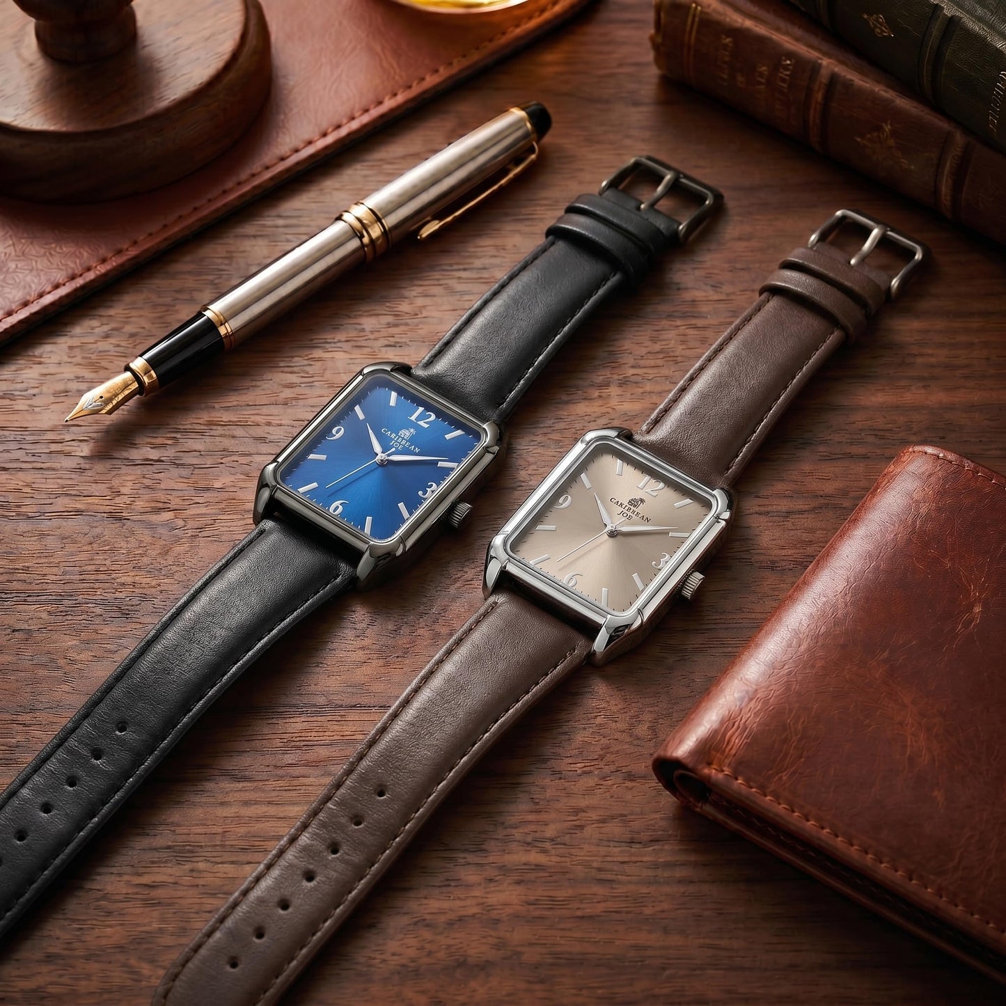 CARIBBEAN JOE Men’s Watch, 36mm Rectangular Case, Silvertone, Brown Sunray Dial, Luminous Indexes, Dark Brown PU Strap