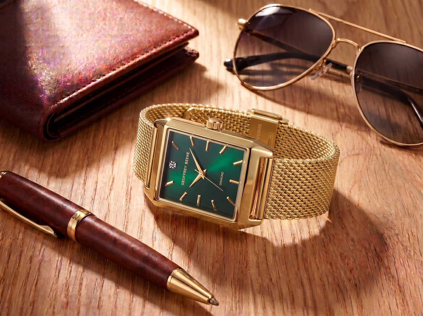 Geoffrey Beene Men’s Rectangular Gold Watch 33mm Green Sunray Dial Mesh Bracelet Diamond Accent