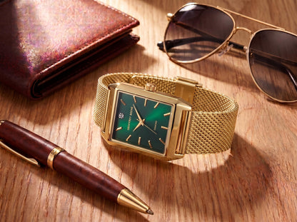 Geoffrey Beene Men’s Rectangular Gold Watch 33mm Green Sunray Dial Mesh Bracelet Diamond Accent