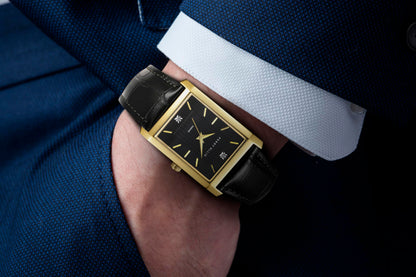 Perry Ellis Ultra Slim Men's Watch – Rectangular Gold-Tone, Black Textured Dial with Diamond Accents, Gold Faceted Indexes, Adjustable Black Leather Strap, Quartz Analog Fashion Accessory
