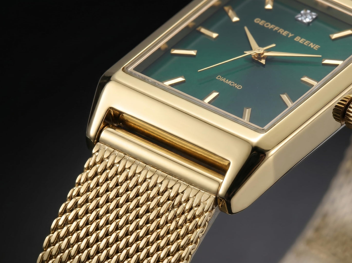 Geoffrey Beene Men’s Rectangular Gold Watch 33mm Green Sunray Dial Mesh Bracelet Diamond Accent