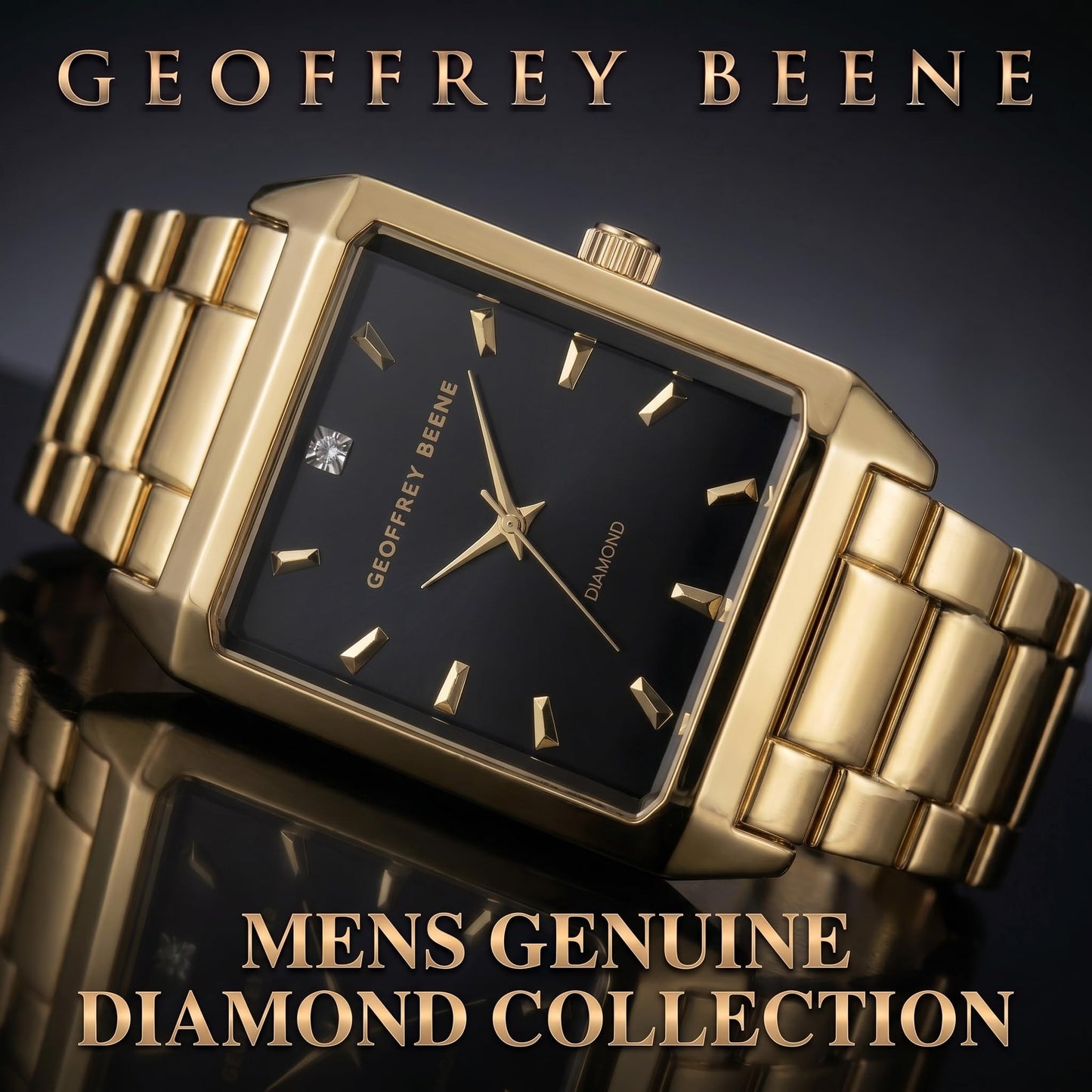 Geoffrey Beene Men’s Rectangular Gold Watch 34mm Black Sunray Dial Bracelet Diamond Accent