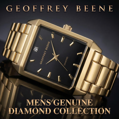 Geoffrey Beene Men’s Rectangular Gold Watch 34mm Black Sunray Dial Bracelet Diamond Accent