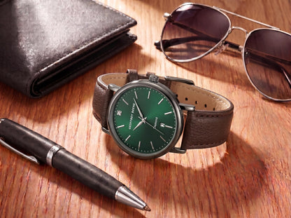 Geoffrey Beene Men’s Round Gunmetal Watch 41mm Green Sunray Dial PU Strap Diamond Accent