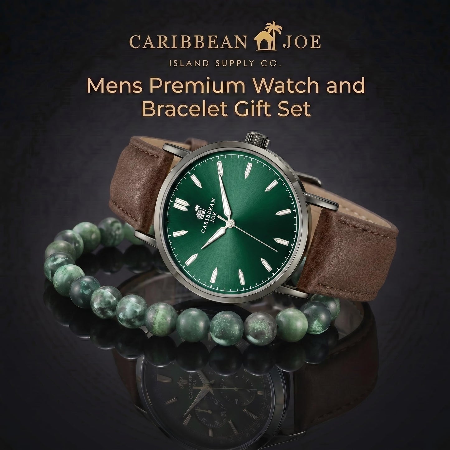 CARIBBEAN JOE Men’s Watch & Moss Agate Beaded Bracelet Set – 41mm Light Gun Metal Case, Green Sunray Dial, Luminous Silver-Tone Markers, Brown PU Strap, 8mm Natural Stone 8” Bracelet
