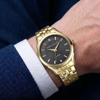 Perry Ellis Ultra Slim Men’s Round Gold Watch 41mm Black Textured Dial Bracelet Diamond Accent