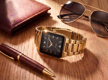 Geoffrey Beene Men’s Square Gold Watch 33mm Black Sunray Dial Bracelet Diamond Accent