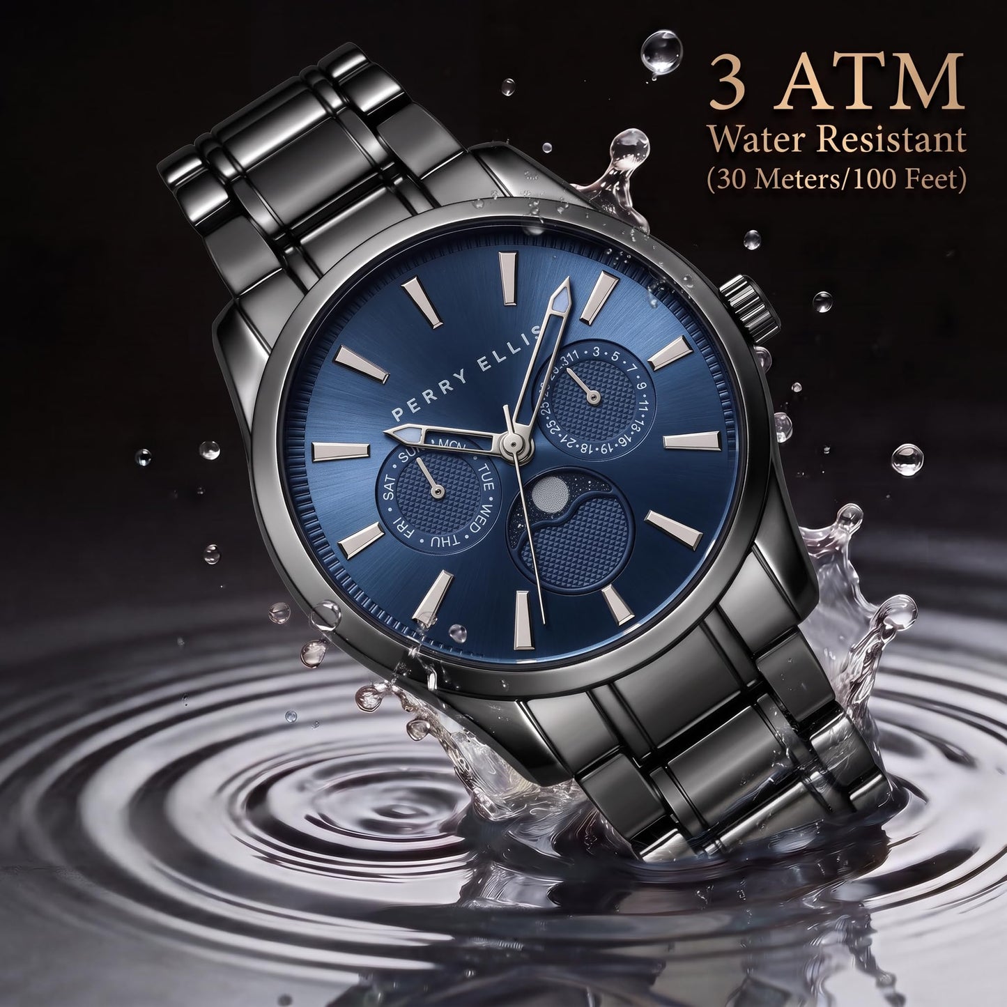 Perry Ellis Men's Round Moonphase Watch, Sunray Dial, Alloy Bracelet