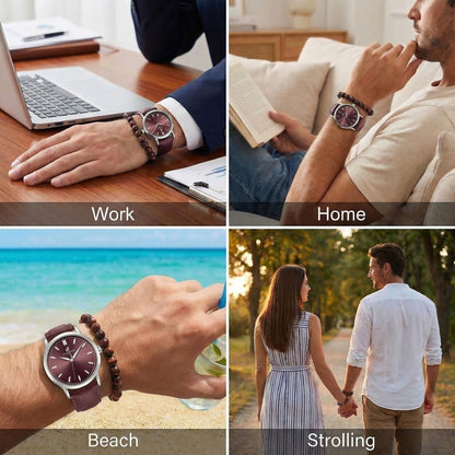 CARIBBEAN JOE Men’s Watch & Red Tiger Eye Beaded Bracelet Set – 41mm Silver-Tone Case, Burgundy Sunray Dial, Luminous Silver-Tone Markers, Burgundy PU Strap, 8mm Natural Stone 8” Bracelet