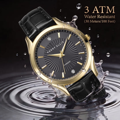 Perry Ellis Ultra Slim Men’s Round Gold Watch 41mm Black Textured Dial PU Strap Diamond Accent