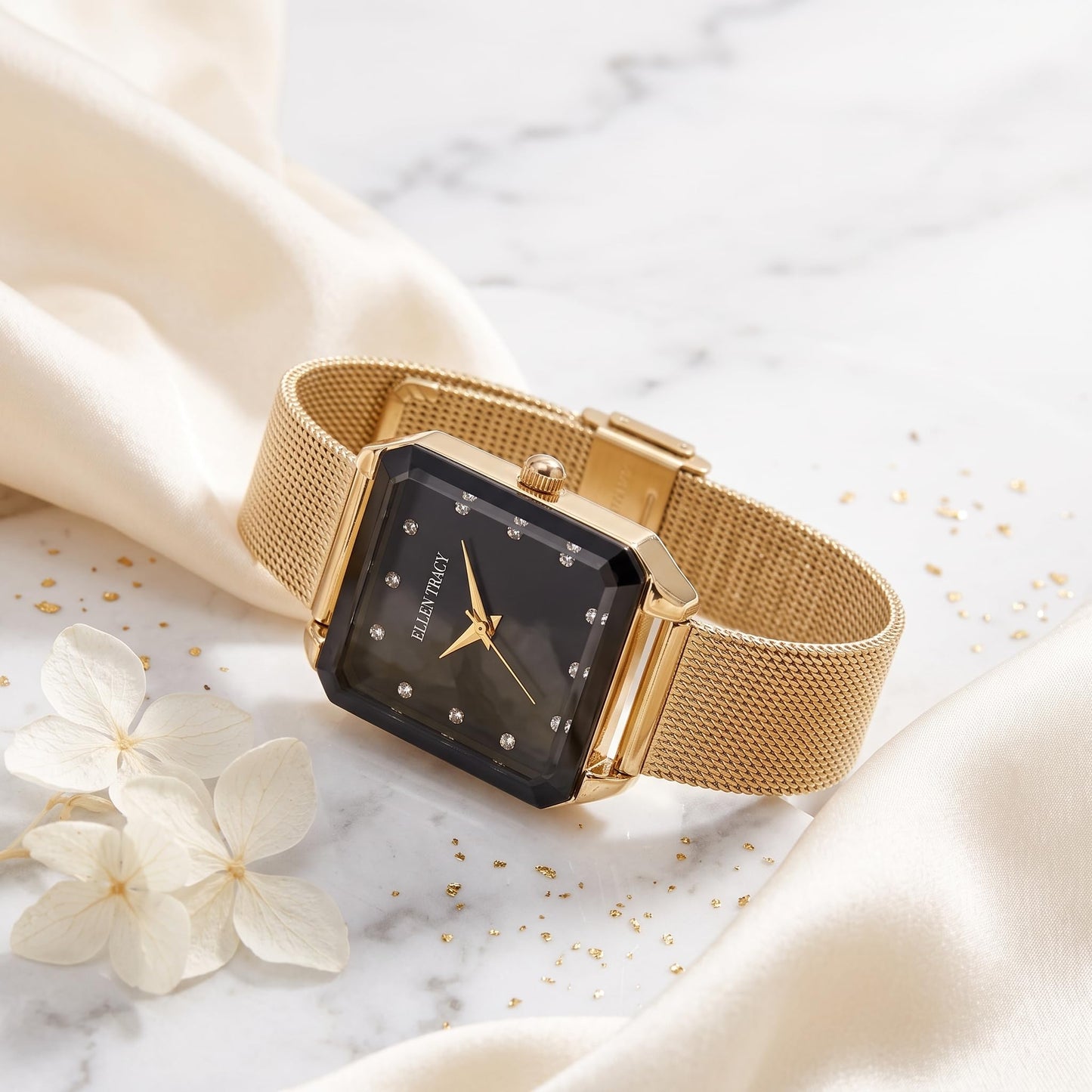 Ellen Tracy Women's 24mm Square Case Quartz Watch Metal Mesh Band