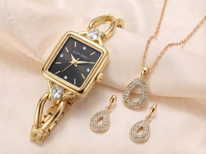 ELLEN TRACY Women's 20mm Rectangle Goldtone Watch and Jewelry Gift Set, Black Dial, Crystal Accents