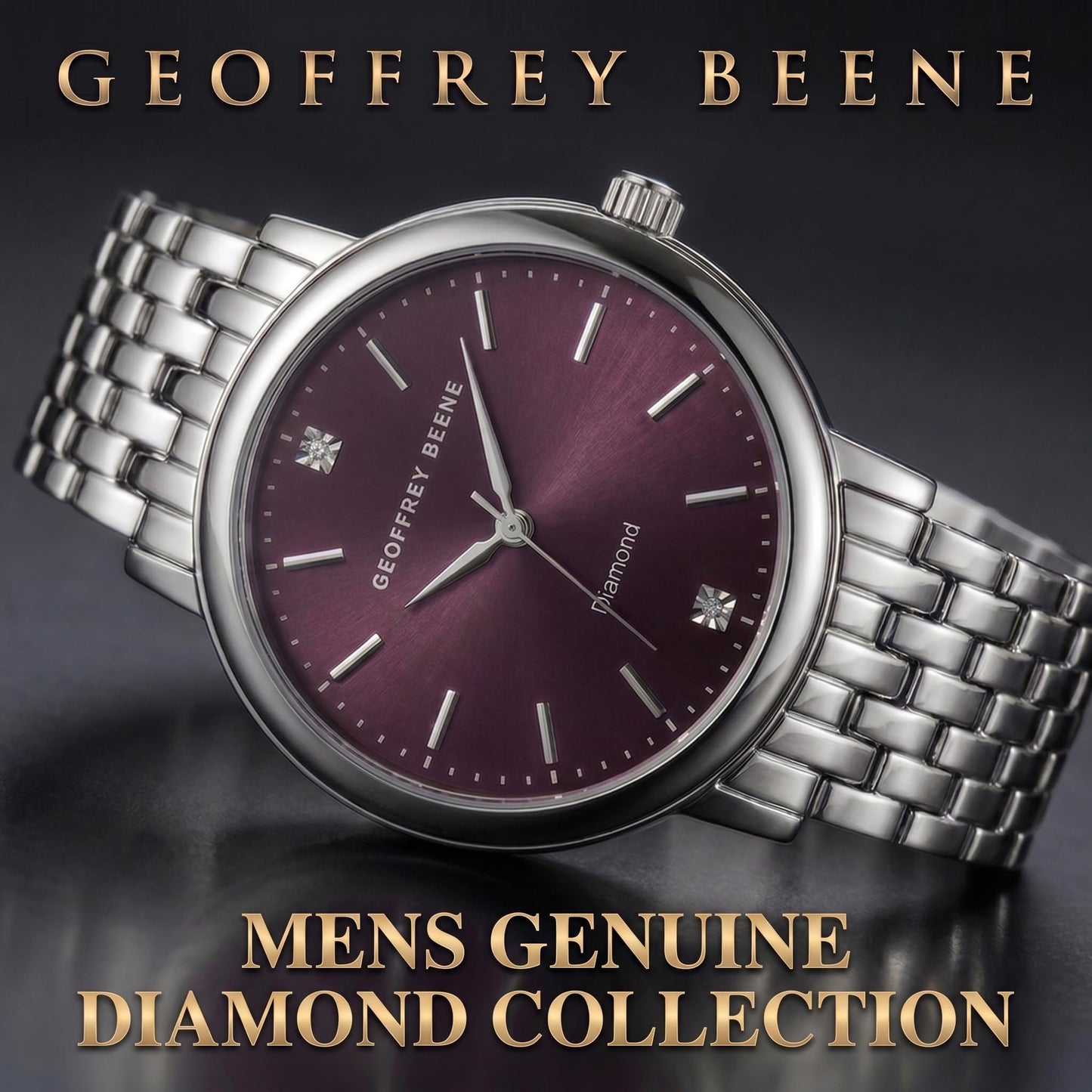 Geoffrey Beene Men’s Round Silver Watch 41mm Gray Sunray Dial Bracelet Diamond Accent