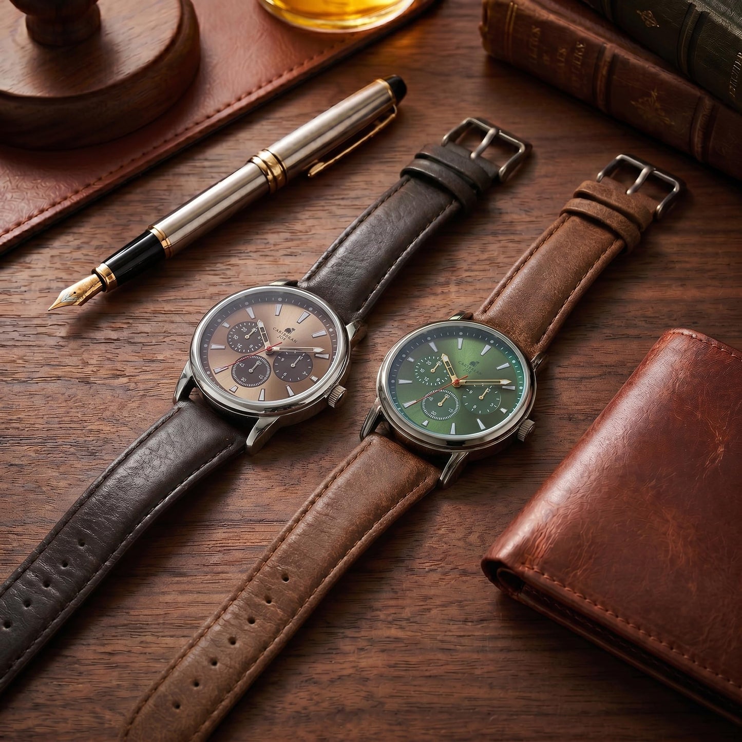 CARIBBEAN JOE Men’s Watch, 41mm Round Case, Silvertone, Dark Green Sunray Dial, Decorative Dial Accents, Luminous Indexes, Brown PU Strap