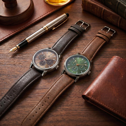CARIBBEAN JOE Men’s Watch, 41mm Round Case, Silvertone, Dark Green Sunray Dial, Decorative Dial Accents, Luminous Indexes, Brown PU Strap