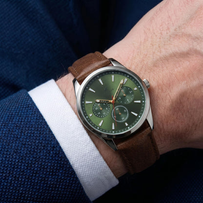 CARIBBEAN JOE Men’s Watch, 41mm Round Case, Silvertone, Dark Green Sunray Dial, Decorative Dial Accents, Luminous Indexes, Brown PU Strap