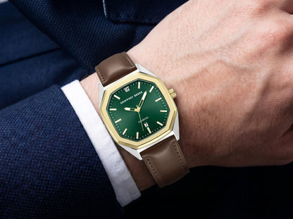 Geoffrey Beene Men’s Octagon Two Tone Watch 41mm Green Sunray Dial PU Strap Diamond Accent