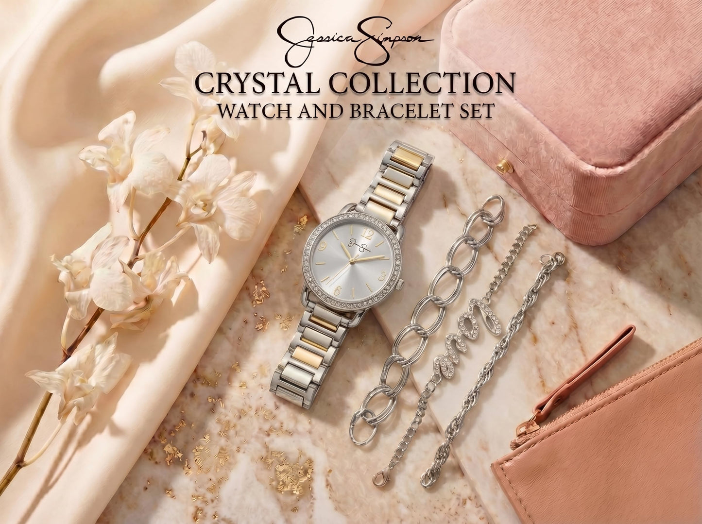 Jessica Simpson Women’s Watch Set Silver 32mm Silver Dial Bracelet Set