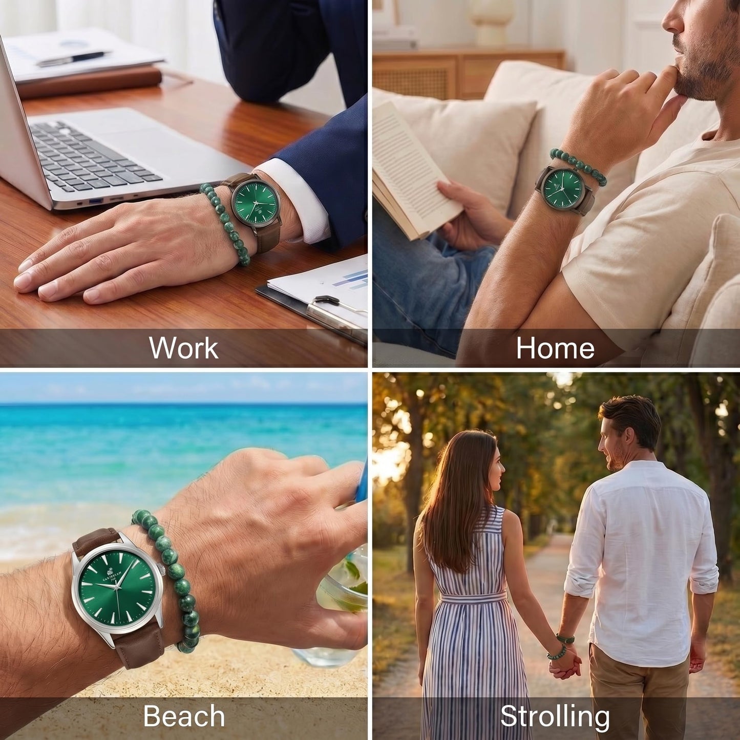 CARIBBEAN JOE Men’s Watch & Moss Agate Beaded Bracelet Set – 41mm Light Gun Metal Case, Green Sunray Dial, Luminous Silver-Tone Markers, Brown PU Strap, 8mm Natural Stone 8” Bracelet