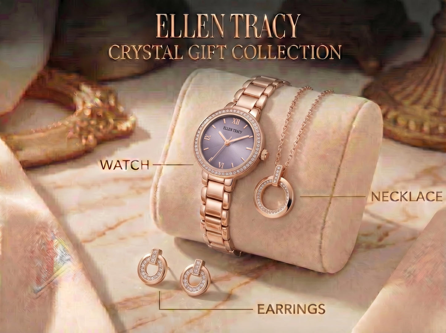 ELLEN TRACY Women's 28mm Round Rose Goldtone Watch and Jewelry Gift Set, Lavender Dial, Crystal Accents