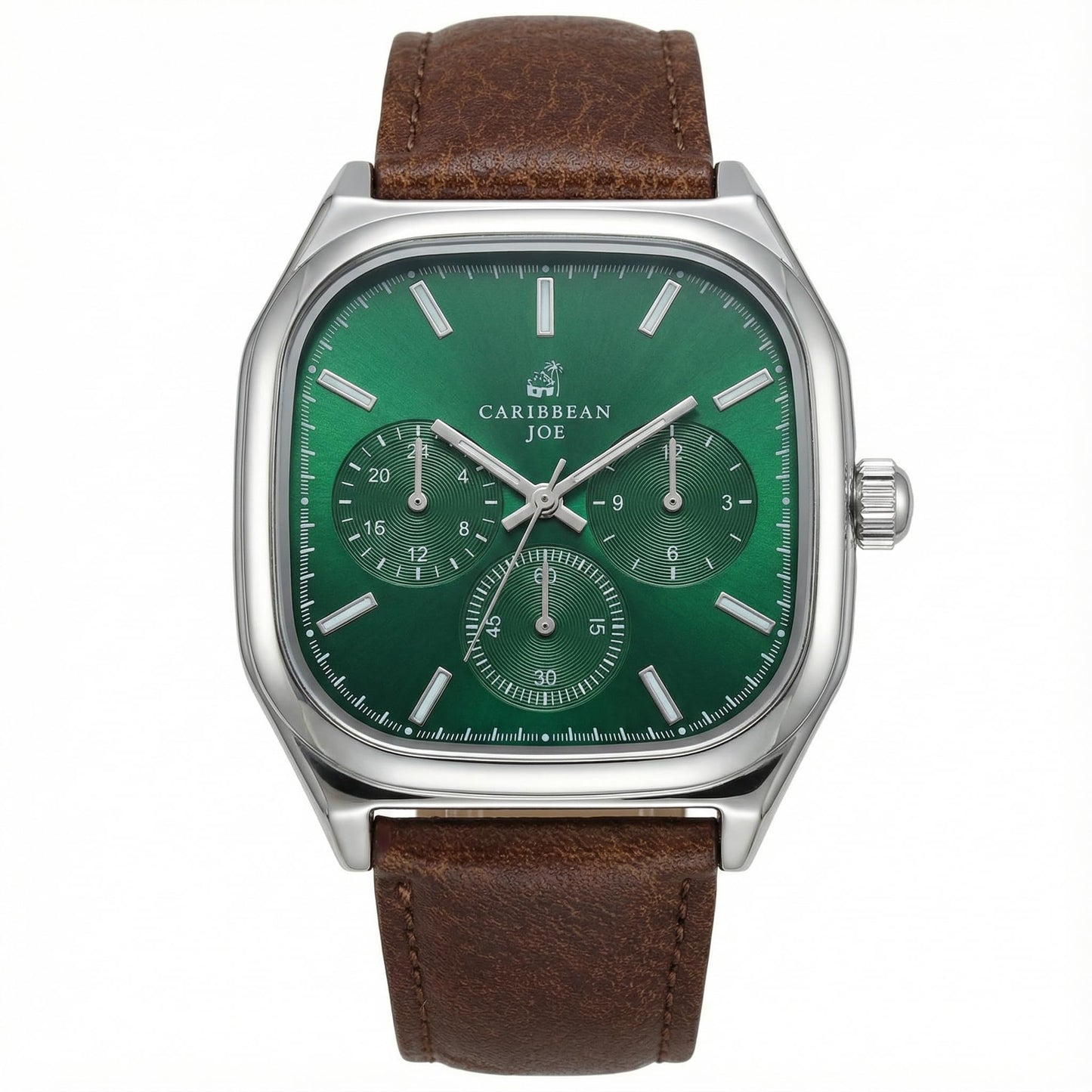 CARIBBEAN JOE Men’s Analog Watch with Square Silver-Tone 40mm Case, Dark Green Sunray Dial with Faux Subdials, Brown PU Leather Strap, Quartz Movement, Casual Fashion Wrist Watch