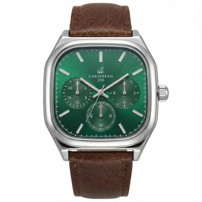 CARIBBEAN JOE Men’s Analog Watch with Square Silver-Tone 40mm Case, Dark Green Sunray Dial with Faux Subdials, Brown PU Leather Strap, Quartz Movement, Casual Fashion Wrist Watch