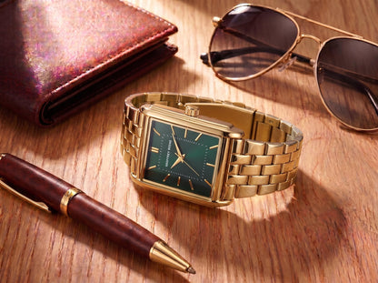 Geoffrey Beene Men’s Watch Set Rectangular Gold 31mm Green Sunray Dial Strap & Bracelet