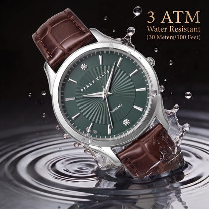 Perry Ellis Ultra Slim Men’s Round Silver Watch 41mm Green Textured Dial PU Strap Diamond Accent
