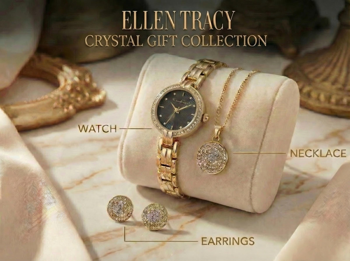 ELLEN TRACY Women's 24mm Round Goldtone Watch and Jewelry Gift Set, Black Dial, Crystal Accents