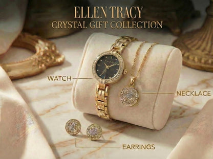 ELLEN TRACY Women's 24mm Round Goldtone Watch and Jewelry Gift Set, Black Dial, Crystal Accents