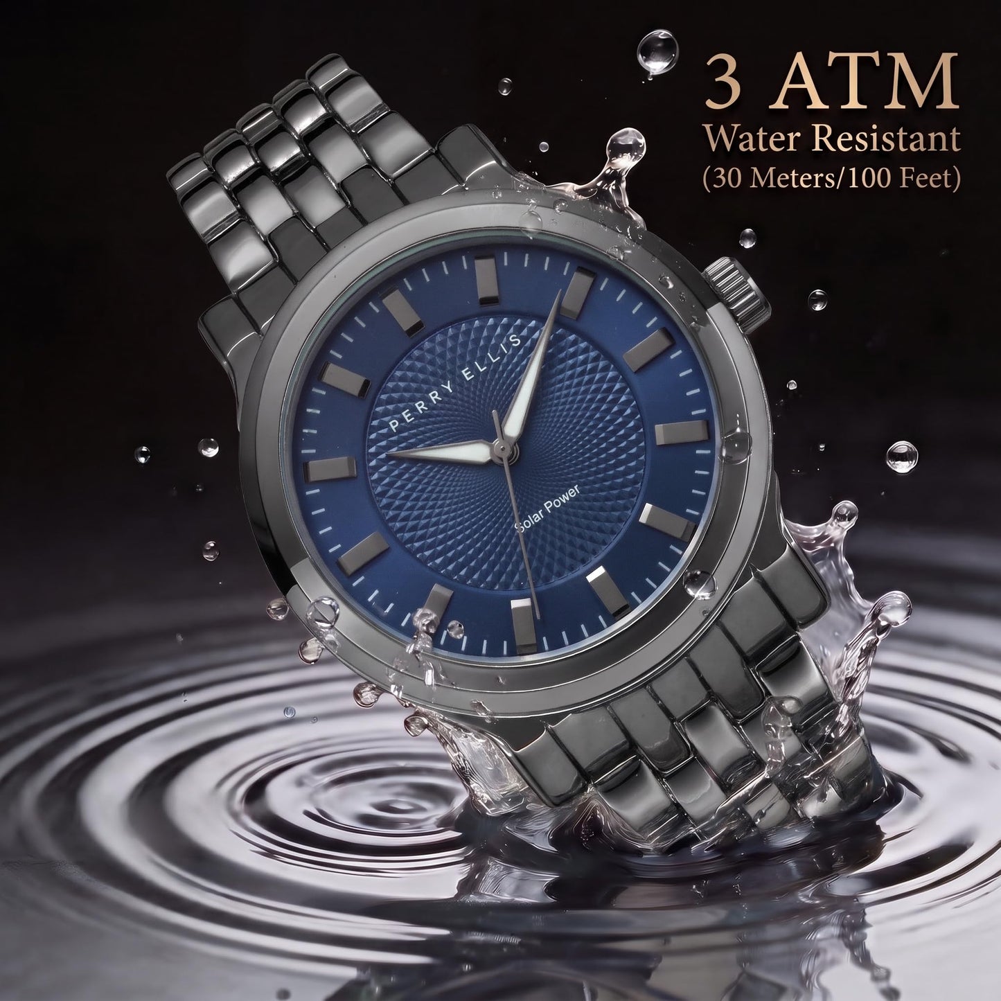 Perry Ellis Solar Men’s Watch – Blue Dial, Gunmetal Alloy Band, Water-Resistant Analog