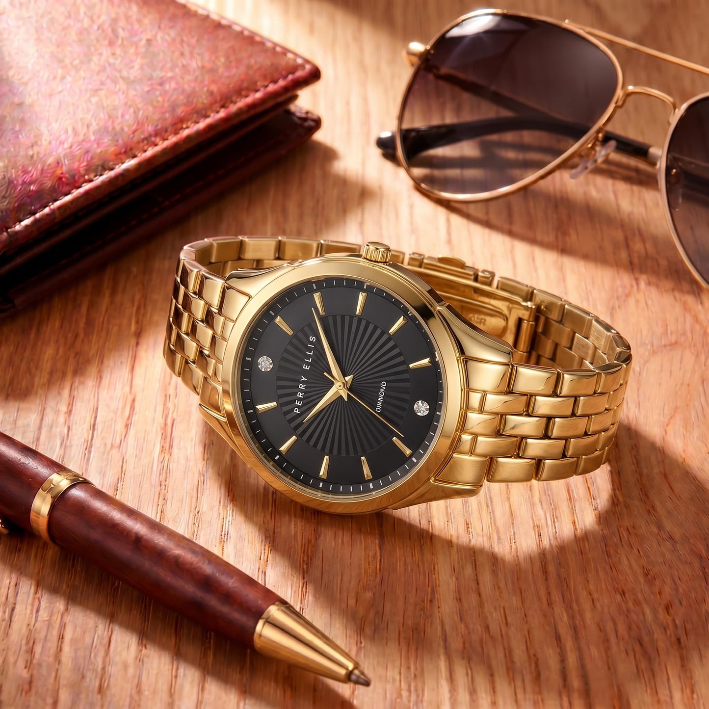 Perry Ellis Ultra Slim Men’s Round Gold Watch 41mm Black Textured Dial Bracelet Diamond Accent