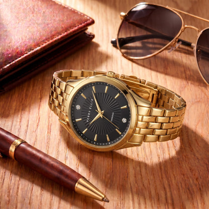 Perry Ellis Ultra Slim Men’s Round Gold Watch 41mm Black Textured Dial Bracelet Diamond Accent