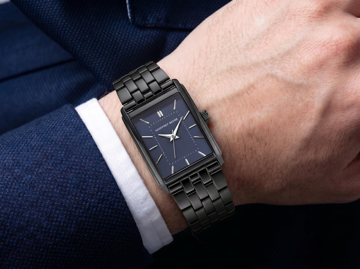 Geoffrey Beene Men’s Watch Set Rectangular Gunmetal 31mm Blue Sunray Dial Strap & Bracelet