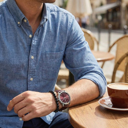 CARIBBEAN JOE Men’s Watch & Red Tiger Eye Beaded Bracelet Set – 41mm Silver-Tone Case, Burgundy Sunray Dial, Luminous Silver-Tone Markers, Burgundy PU Strap, 8mm Natural Stone 8” Bracelet