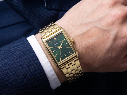 Geoffrey Beene Men’s Watch Set Rectangular Gold 31mm Green Sunray Dial Strap & Bracelet