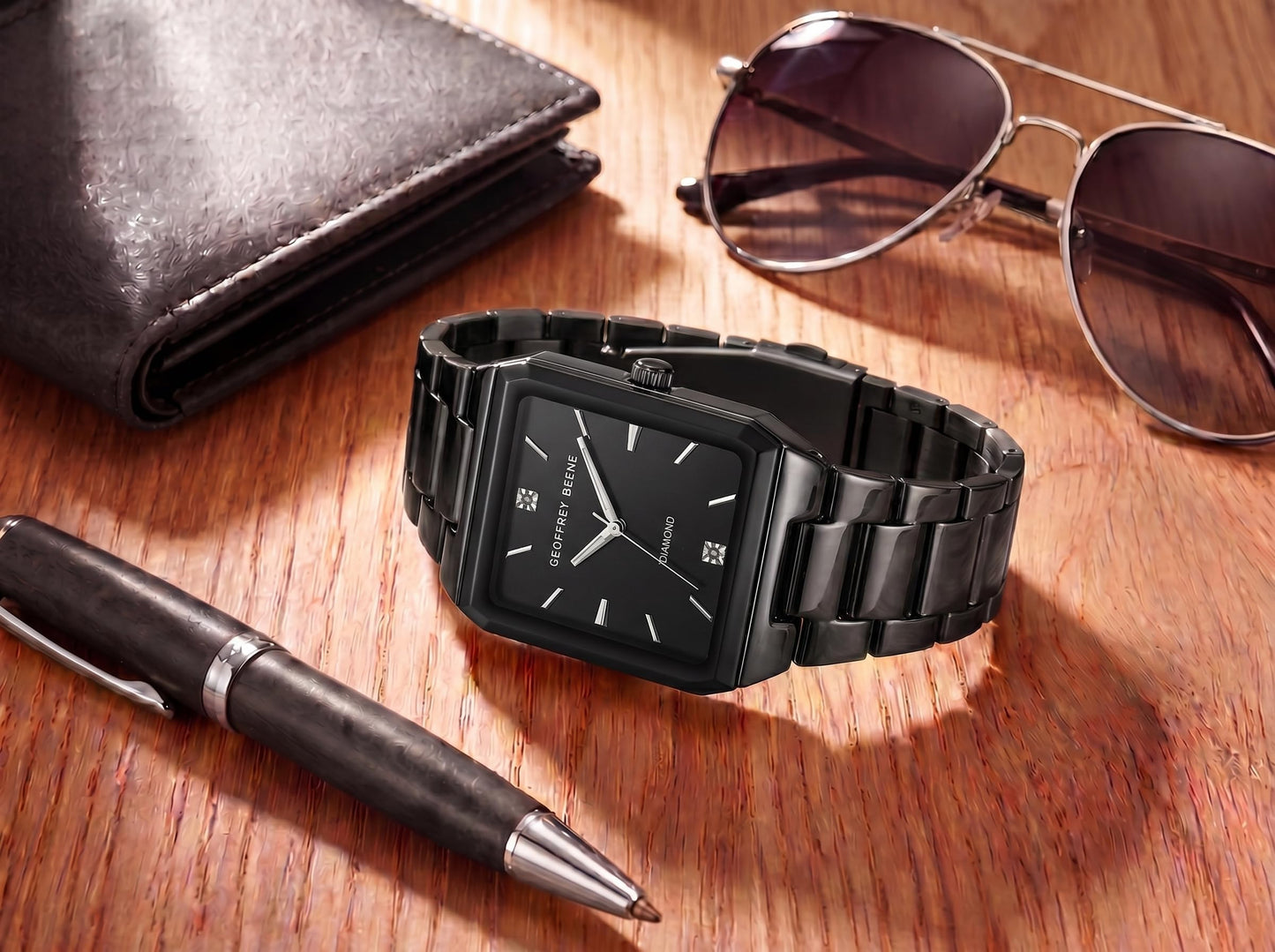 Geoffrey Beene Men’s Square Gunmetal Watch 33mm Black Sunray Dial Bracelet Diamond Accent