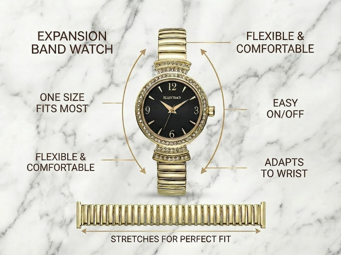 ELLEN TRACY Women's 30mm Round Goldtone Watch, Black Dial, Crystal Accents, Expansion Band