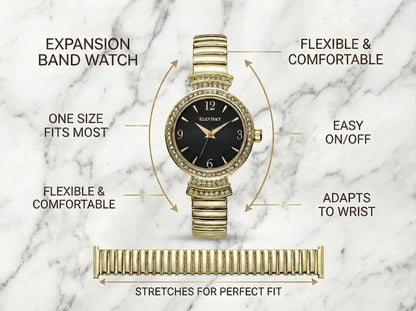 ELLEN TRACY Women's 30mm Round Goldtone Watch, Black Dial, Crystal Accents, Expansion Band