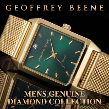 Geoffrey Beene Men’s Rectangular Gold Watch 33mm Green Sunray Dial Mesh Bracelet Diamond Accent